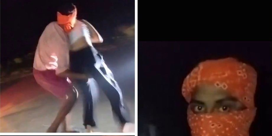 Two-panel image: left panel shows a person in a light shirt and red shorts crouching with a raised knee on a dim street; right panel shows a person with an orange bandana covering most of the face, with only the eyes visible.