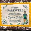 Celebration cake with yellow piped border saying 'Happy Farewell' to Captain Sahab, featuring a cartoon runner and floral decorations.