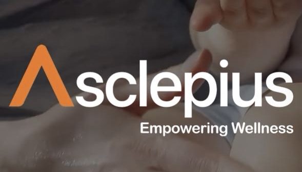 Asclepius logo with an orange stylized A, the word ‘Asclepius’ and the slogan ‘Empowering Wellness’ over a background of hands cradling a baby.