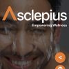 Smiling man with water splashed on his face, overlaid with the brand name 'Asclepius' and the slogan 'Empowering Wellness', plus orange share/profile icons on the side.