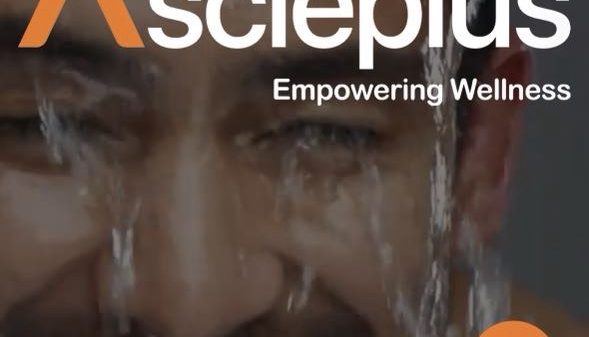 Smiling man with water splashed on his face, overlaid with the brand name 'Asclepius' and the slogan 'Empowering Wellness', plus orange share/profile icons on the side.
