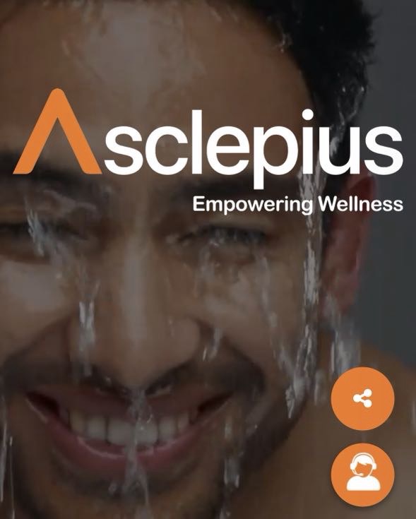 Smiling man with water splashed on his face, overlaid with the brand name 'Asclepius' and the slogan 'Empowering Wellness', plus orange share/profile icons on the side.