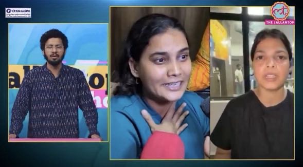 Three-panel TV discussion: host on the left, a woman in blue in the center, and another woman in black on the right; The Lallantop logo in the corner.
