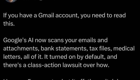 Tweet by David Marco warning that Google's AI now scans Gmail emails and attachments, mentions a class-action lawsuit, and says there are five ways to disable it hidden in two places.