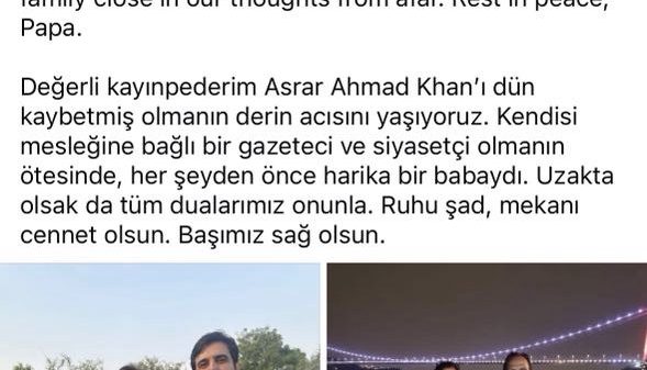 Facebook tribute post announcing the passing of Asrar Ahmad Khan; left image shows two men in traditional outfits outdoors, right image shows a man and woman standing by a waterfront with string lights at night.