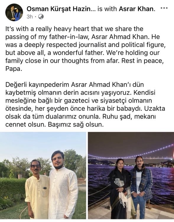 Facebook tribute post announcing the passing of Asrar Ahmad Khan; left image shows two men in traditional outfits outdoors, right image shows a man and woman standing by a waterfront with string lights at night.