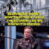 Meme-style image: a large humanoid robot in a futuristic factory with bold yellow text about money and the economy ending, plus a man in a leather jacket speaking at a microphone in the bottom half.