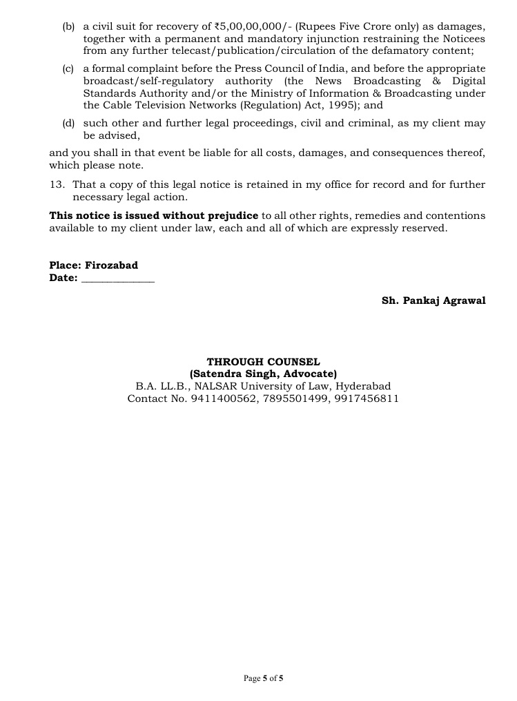 Page 5 of 5: scanned legal notice text with clauses (b)-(d), place 'Firozabad', blank date, signature 'Sh. Pankaj Agrawal', and 'THROUGH COUNSEL' with advocate contact details.