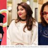 Three women posing at an event: Sakshi Kohli (left) in a black suit, Radhika Mehta (center) in a white embellished top, Kamalinee Chatterjee (right) in a blue lace top with red glasses.
