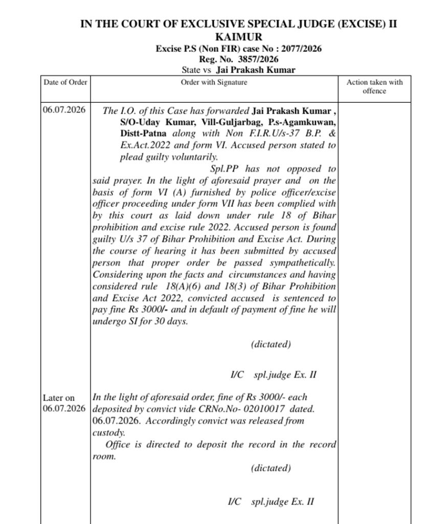 Court order page with title In the Court of Exclusive Special Judge (Excise) II, Kaimur, dated 06.07.2026.