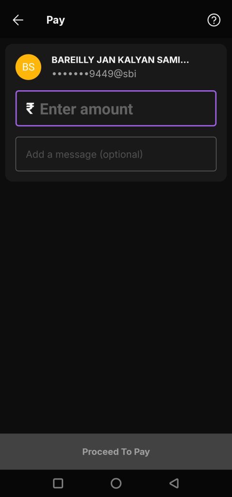 Mobile payment screen showing a user named BAREILLY JAN KALYAN SMI with masked password, enter amount field highlighted in purple, and optional message box above the Proceed To Pay button.