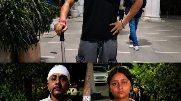 Collage of three people: a man in a black polo and sunglasses posing with a cane outside a building; a man with a bandaged head wearing a light shirt; a woman in a brown polo/tee standing outdoors at night.