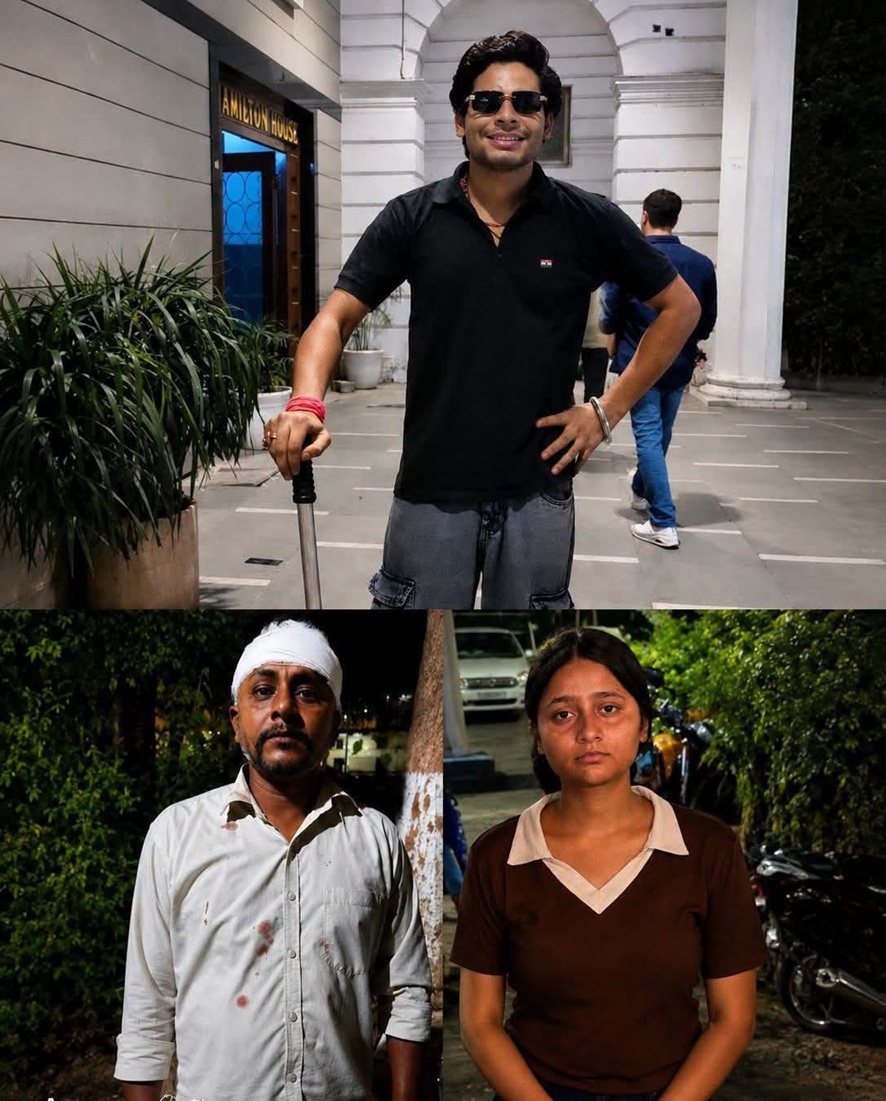 Collage of three people: a man in a black polo and sunglasses posing with a cane outside a building; a man with a bandaged head wearing a light shirt; a woman in a brown polo/tee standing outdoors at night.