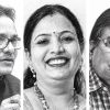 Collage of three people: left man with glasses looking right, center smiling woman with bindi, right man with glasses resting chin on hand