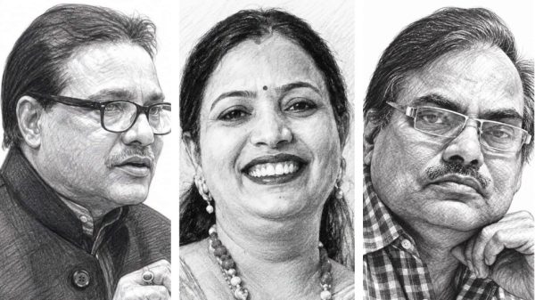 Collage of three people: left man with glasses looking right, center smiling woman with bindi, right man with glasses resting chin on hand