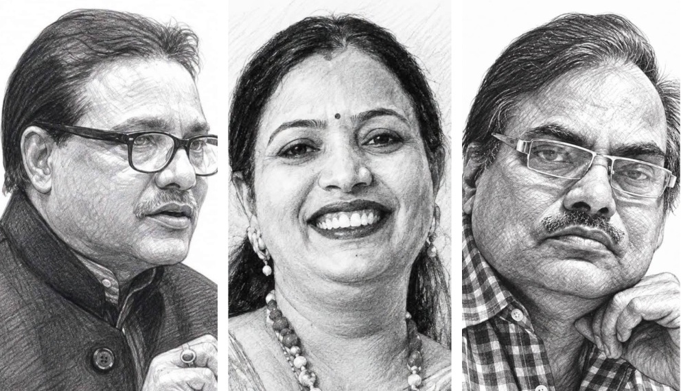 Collage of three people: left man with glasses looking right, center smiling woman with bindi, right man with glasses resting chin on hand