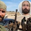 Group of armed fighters in a desert roadside, with a circular inset portrait of a bearded man and an NBT logo in the corner, indicating a news feature.