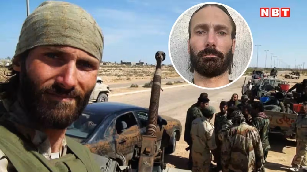 Group of armed fighters in a desert roadside, with a circular inset portrait of a bearded man and an NBT logo in the corner, indicating a news feature.