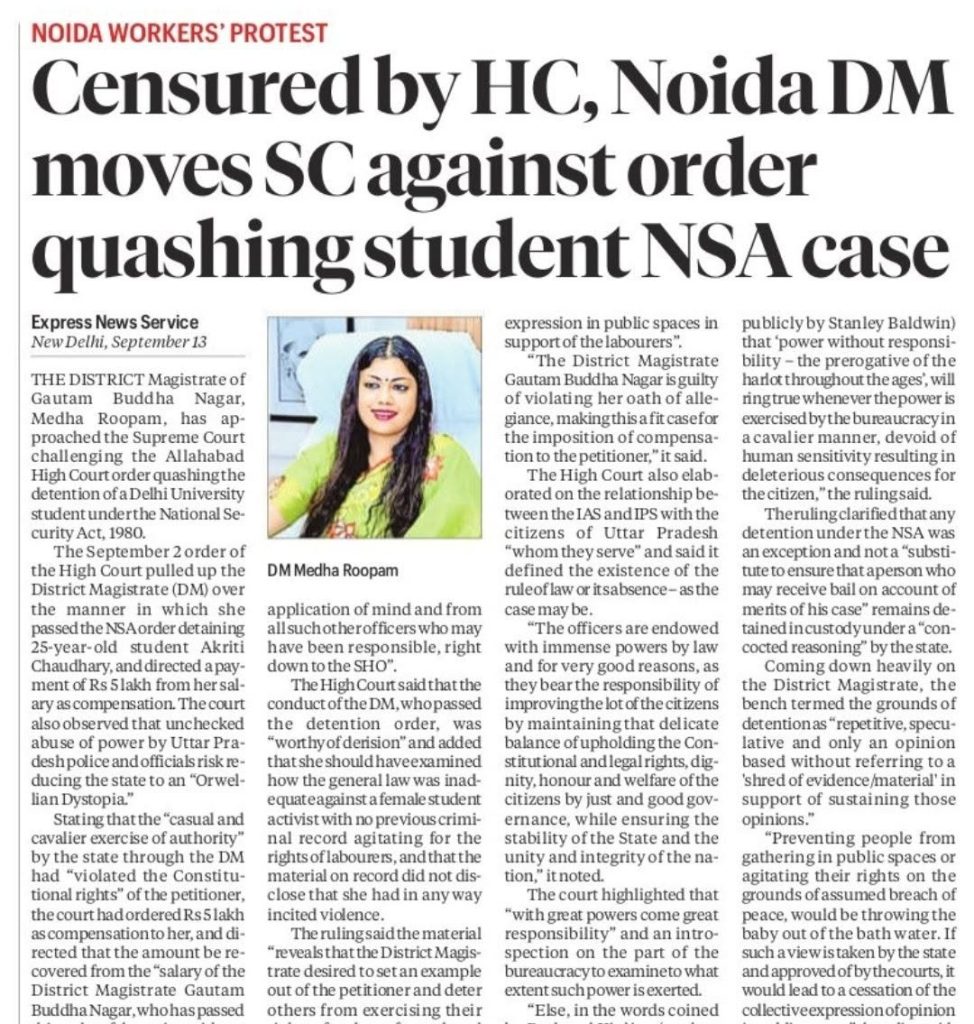 medha roopam | No. 1 Indian Media News Portal Newspaper front page with a large headline: 'Censured by HC, Noida DM moves SC against order quashing student NSA case'; small photo of DM Medha Roopam alongside column text.