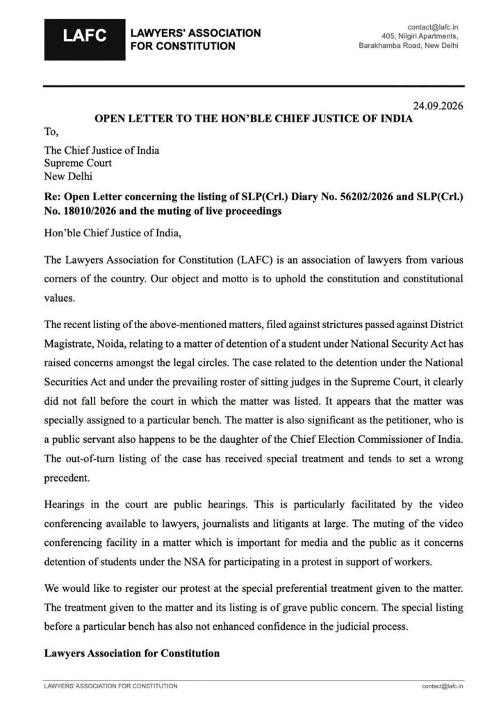 Open, formal letter on LAFC letterhead dated 24.09.2026, addressing the Chief Justice of India regarding a legal matter.