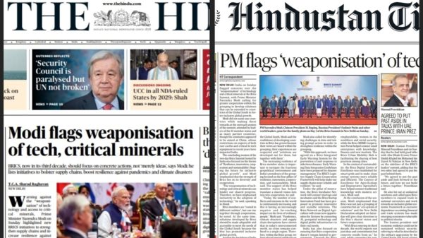 Collage of Indian newspaper front pages reporting Modi’s ‘weaponisation’ of tech and open‑source AI for BRICS, with the BRICS India 2026 logo visible in the center
