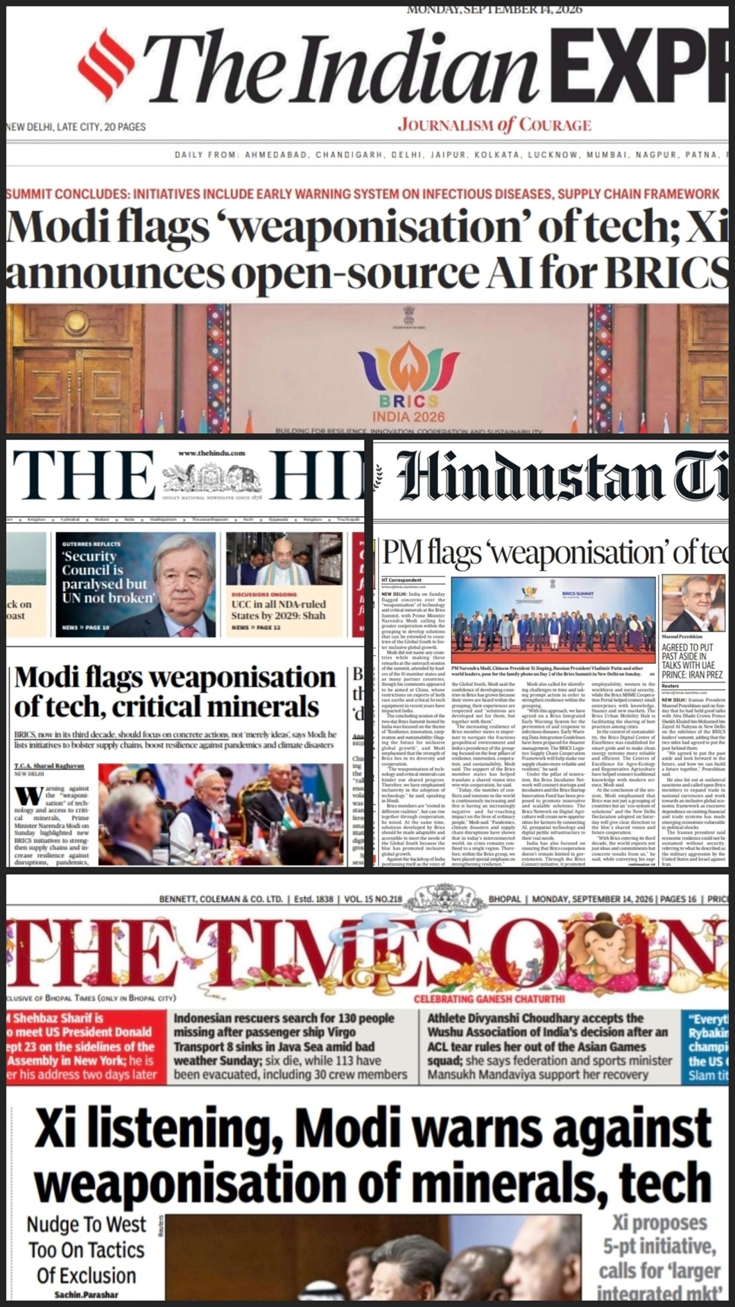 Collage of Indian newspaper front pages reporting Modi’s ‘weaponisation’ of tech and open‑source AI for BRICS, with the BRICS India 2026 logo visible in the center