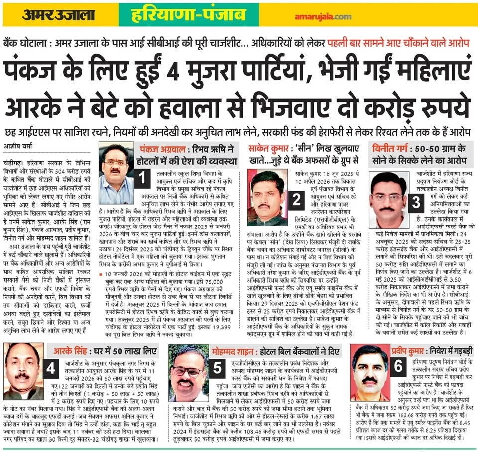Front page of a Hindi newspaper (Amar Ujala) with a large bold headline about four parties and women leaders; six profile photos numbered 1–6 below the headline.
