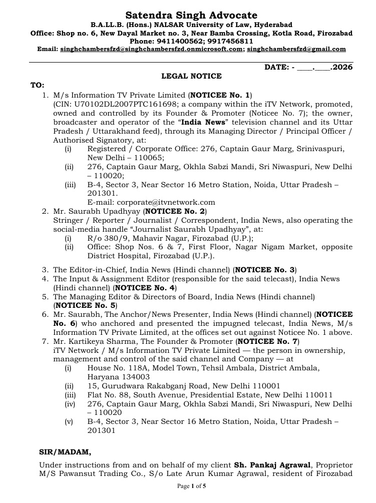 Page 1 of a black-and-white legal notice on Satendra Singh Advocate letterhead, showing TO: list and notices 1–7.