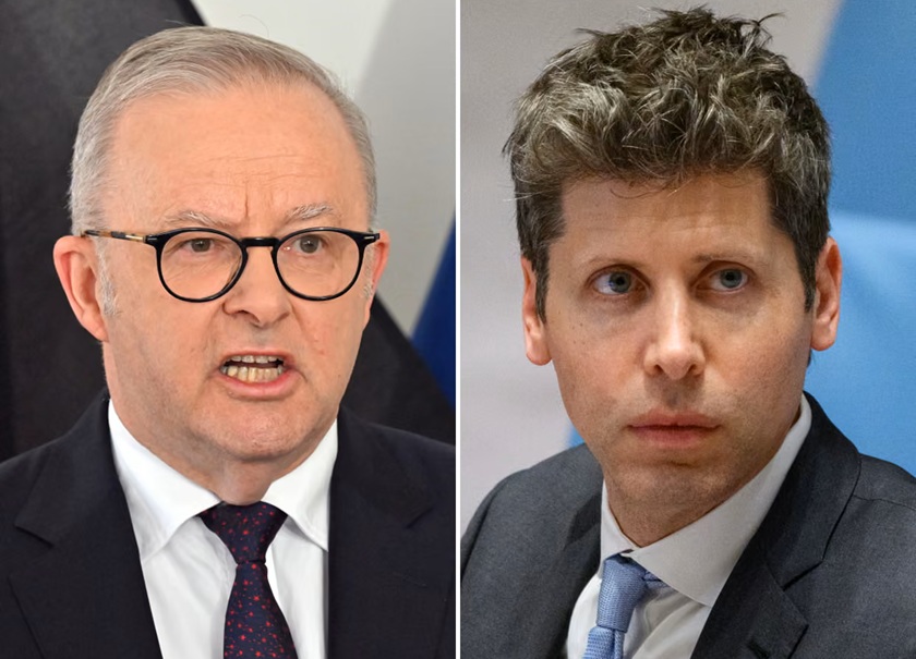 Split-screen image of two men in suits: left is an older man with glasses speaking, right is a younger man listening, both in formal attire at a press-like setting.