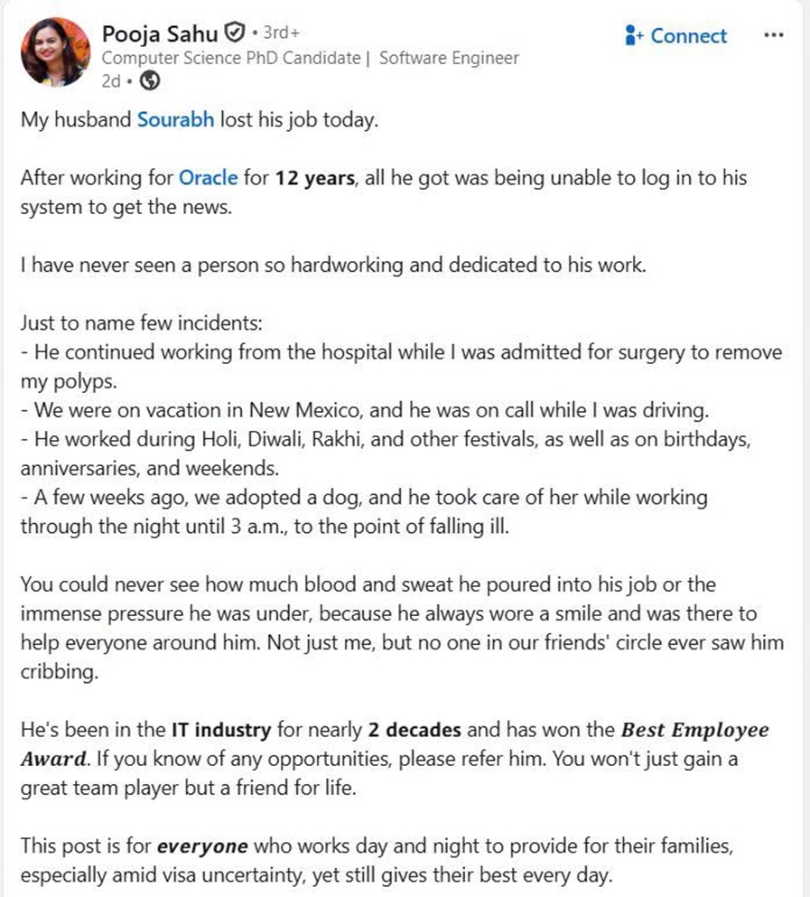 LinkedIn post by Pooja Sahu about her husband Sourabh losing his job after 12 years at Oracle, noting his dedication and impact.