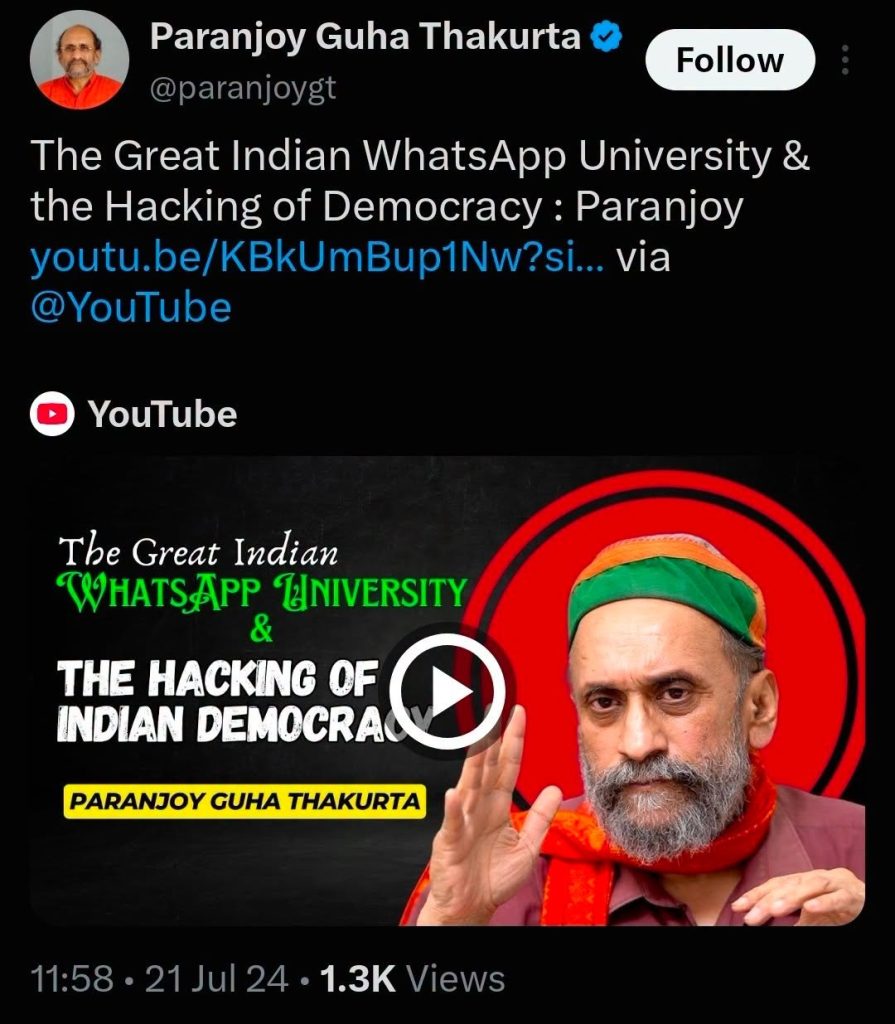 paronjoy | No. 1 Indian Media News Portal YouTube thumbnail for a talk about WhatsApp University and democracy, showing a bearded man with a green headband and orange scarf.