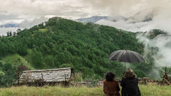 Two people sit on a grassy hilltop with a black umbrella, watching a misty green valley of pine forests and distant mountains.