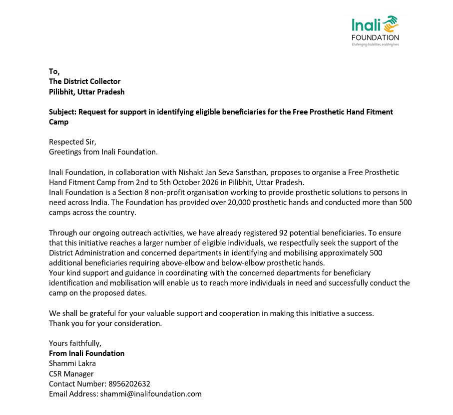 pilibhit divyang | No. 1 Indian Media News Portal Formal letter from Inali Foundation to The District Collector, Pilibhit, requesting support for a Free Prosthetic Hand Fitment Camp (Oct 2026).