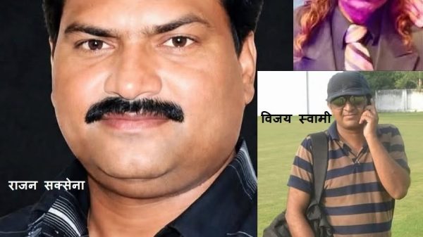 Collage of three men: a large close-up left portrait of a man with a thick mustache, a man with purple face paint and glasses in the top-right, and a man in a striped polo with a backpack talking on a mobile in a park bottom-right; Hindi captions are overlaid on the image.