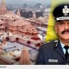 Aerial view of a large Hindu temple complex with a uniformed police officer on the right, used as a news thumbnail.