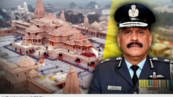 Aerial view of a large Hindu temple complex with a uniformed police officer on the right, used as a news thumbnail.