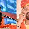 Split image of two spiritual leaders in orange robes; left speaking into a microphone, right resting chin on fist wearing a colorful turban.