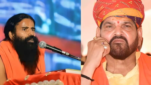 Split image of two spiritual leaders in orange robes; left speaking into a microphone, right resting chin on fist wearing a colorful turban.