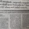 Newspaper front page with a bold headline about Goa staff sending 8 emails in 7 days, and EC allegedly shutting out valid voters.