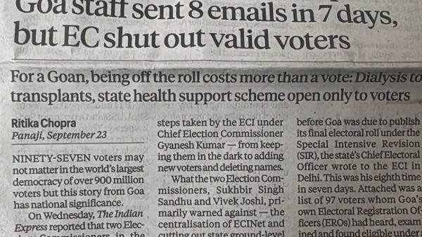 Newspaper front page with a bold headline about Goa staff sending 8 emails in 7 days, and EC allegedly shutting out valid voters.