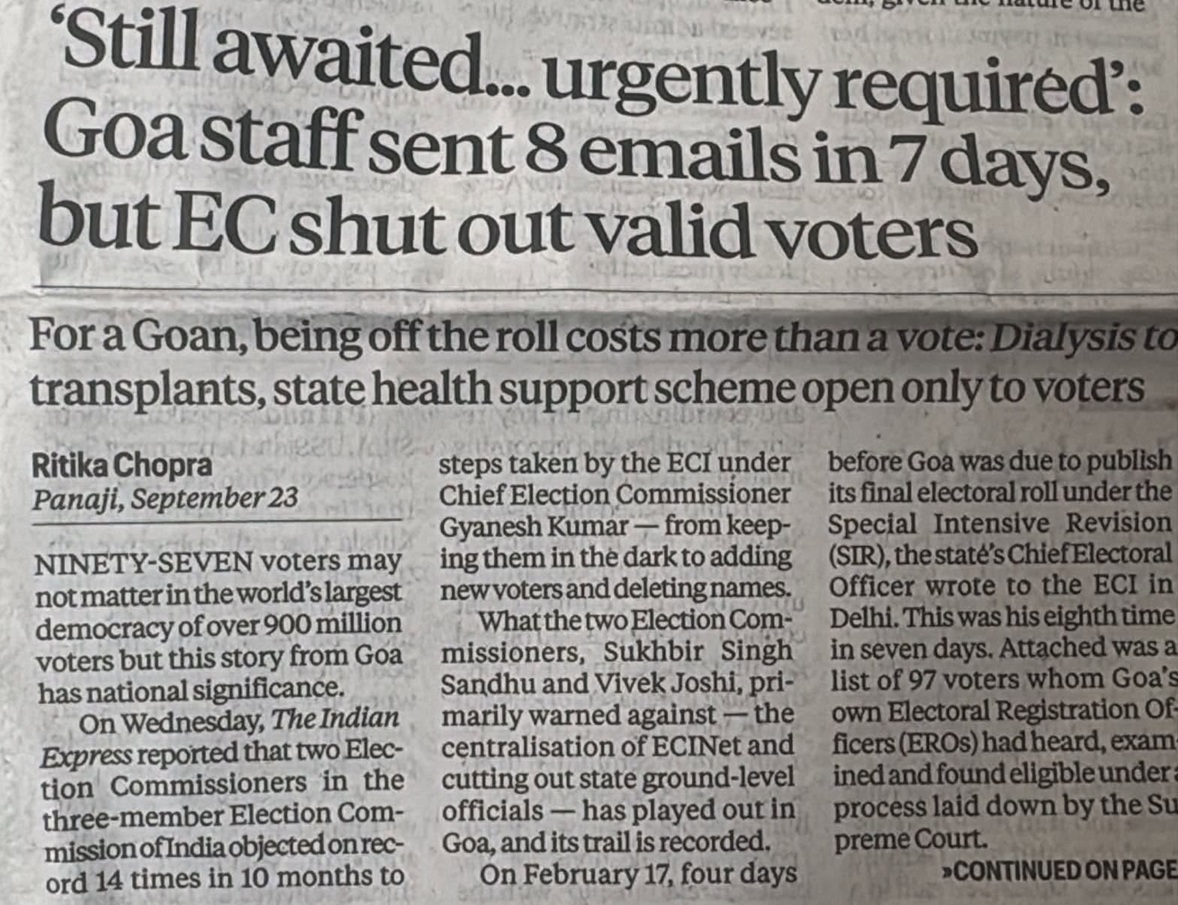 Newspaper front page with a bold headline about Goa staff sending 8 emails in 7 days, and EC allegedly shutting out valid voters.