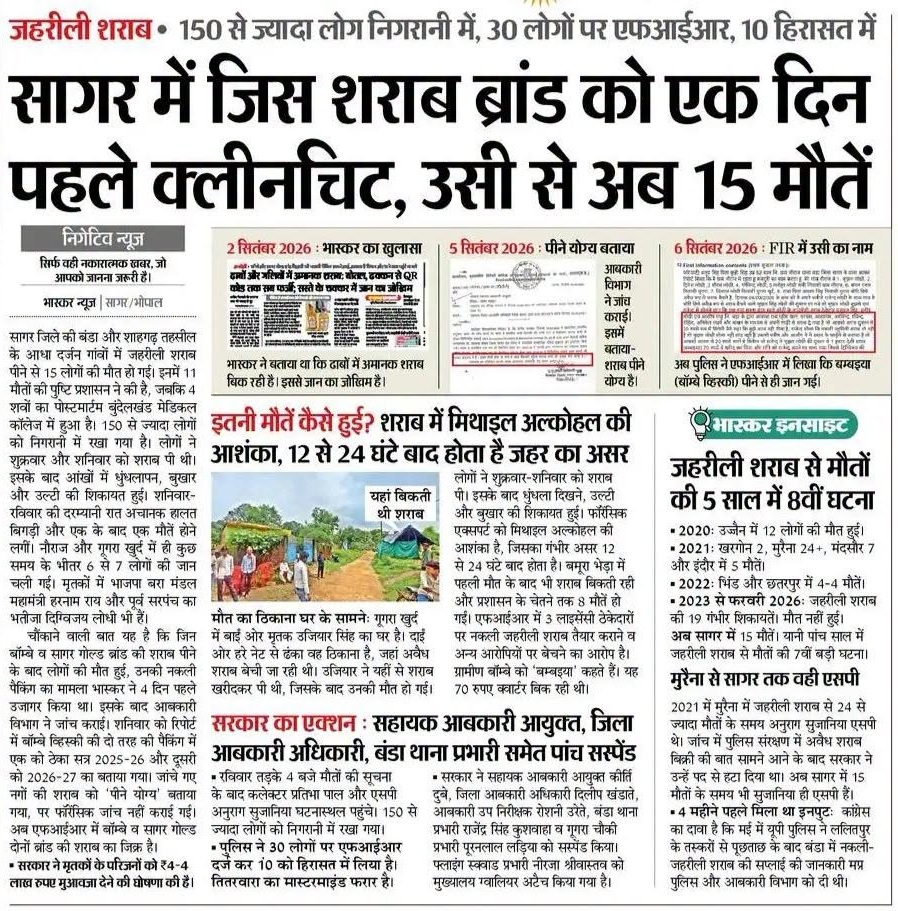 sagar bhaskar | No. 1 Indian Media News Portal Front page of a Hindi newspaper with a large bold headline about a liquor tragedy in Sagar and several sub-stories beneath the main image area.