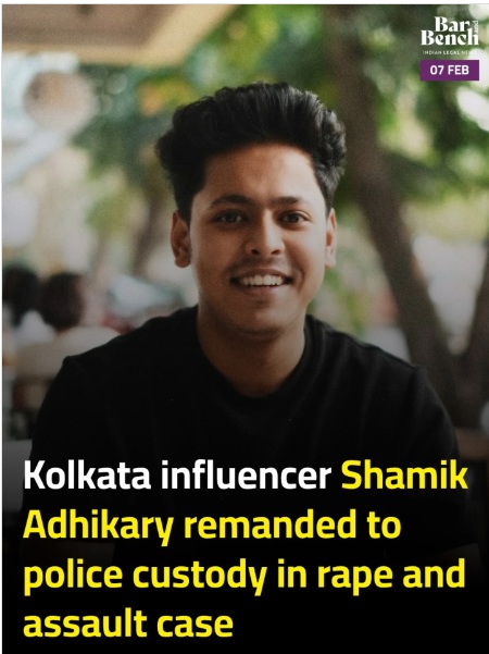 shamik | No. 1 Indian Media News Portal Portrait of a young man with dark hair smiling, overlaid with a breaking news headline about a Kolkata influencer being remanded to police custody in a rape and assault case, with Bar & Bench logo in the top-right.