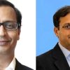 Two men in business attire: left with glasses on a white background, right against a blue background.