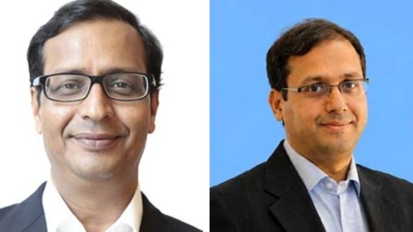 Two men in business attire: left with glasses on a white background, right against a blue background.