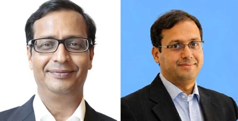 Two men in business attire: left with glasses on a white background, right against a blue background.