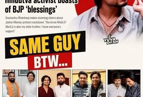 Front-page collage from a news site with a bold headline about a Hindutva activist; large yellow-and-black 'SAME GUY' graphic and red 'BTW...' banner, plus small photos of Indian politicians and a bottom red banner reading 'MODI KA PARIVAR'