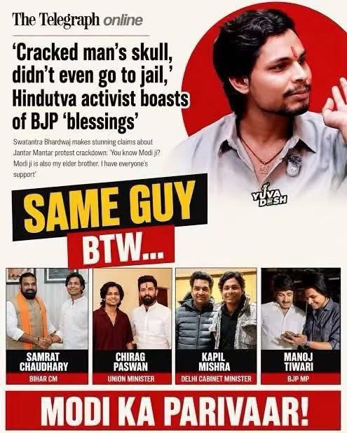 Front-page collage from a news site with a bold headline about a Hindutva activist; large yellow-and-black 'SAME GUY' graphic and red 'BTW...' banner, plus small photos of Indian politicians and a bottom red banner reading 'MODI KA PARIVAR'