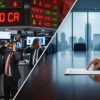 Split image: left shows stressed traders on a stock exchange floor; right shows a hand signing a document at a conference table.
