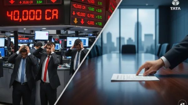 Split image: left shows stressed traders on a stock exchange floor; right shows a hand signing a document at a conference table.